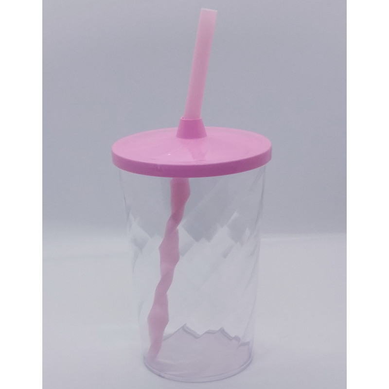 Copo Transparente 480ml Com Tampa e Canudo Rosa Bebe