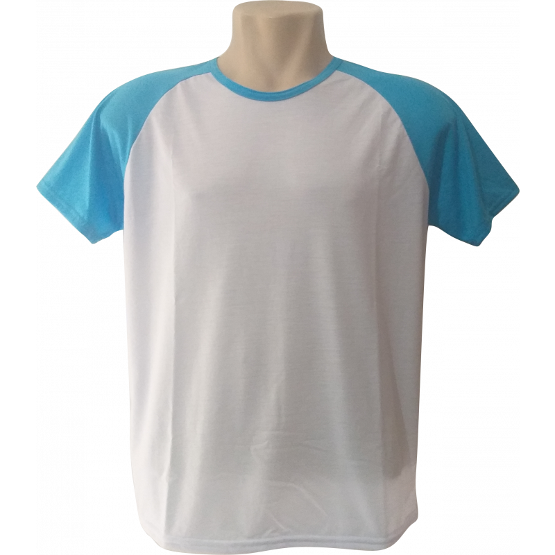 Camiseta Branca Raglan Manga Azul Turquesa 100% Poliester Para Sublimação