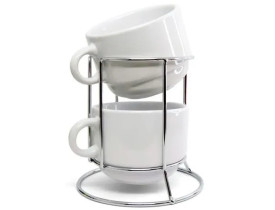 KIT COM 02 PÇS DE XICARA CERÂMICA - 150ML - C/ SUP. METAL - NOVO
