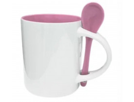 CANECA CERAMICA - 325 ML - BRANCA - COLHER E INTERNA ROSA - RETA 