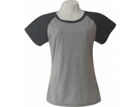 Baby Look Cinza Mescla Raglan Manga Preta 100% Poliester Para Sublimação
