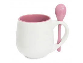 Caneca Branca Belly com colher e Interior Rosa - 295ml