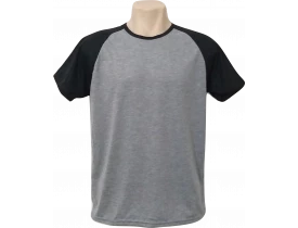 Camiseta Cinza Mescla Raglan Manga Preta 100% Poliester Para Sublimação - PREMIUM