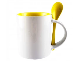 CANECA CERAMICA - 325 ML - BRANCA - COLHER E INTERNA AMARELO - RETA