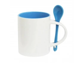CANECA CERAMICA - 325 ML - BRANCA - COLHER E INTERNA AZUL CLARO - RETA