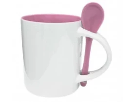 CANECA CERAMICA - 325 ML - BRANCA - COLHER E INTERNA ROSA - RETA 