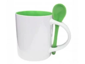 CANECA CERAMICA - 325 ML - BRANCO - COLHER E INTERNA VERDE CLARO- RETA 