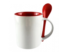 CANECA CERAMICA - 325 ML - BRANCO - COLHER E INTERNA VERMELHA - RETA