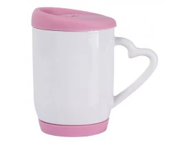 CANECA CERAMICA ALÇA CORAÇÃO TAMPA SILICONE ROSA