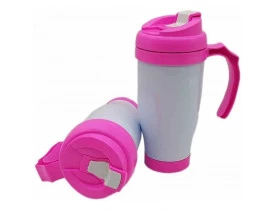 CANECA SEMI TÉRMICA 475ML COM TAMPA E ALÇA ROSA DE POLÍMERO