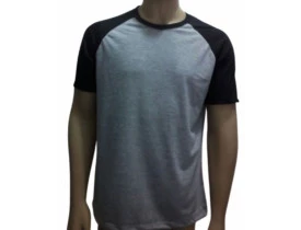 Camiseta Cinza Mescla Raglan Manga Preta 100% Poliester Para Sublimação - PREMIUM
